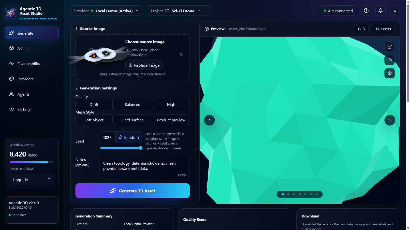 Agentic 3D Asset Studio generate workspace screenshot